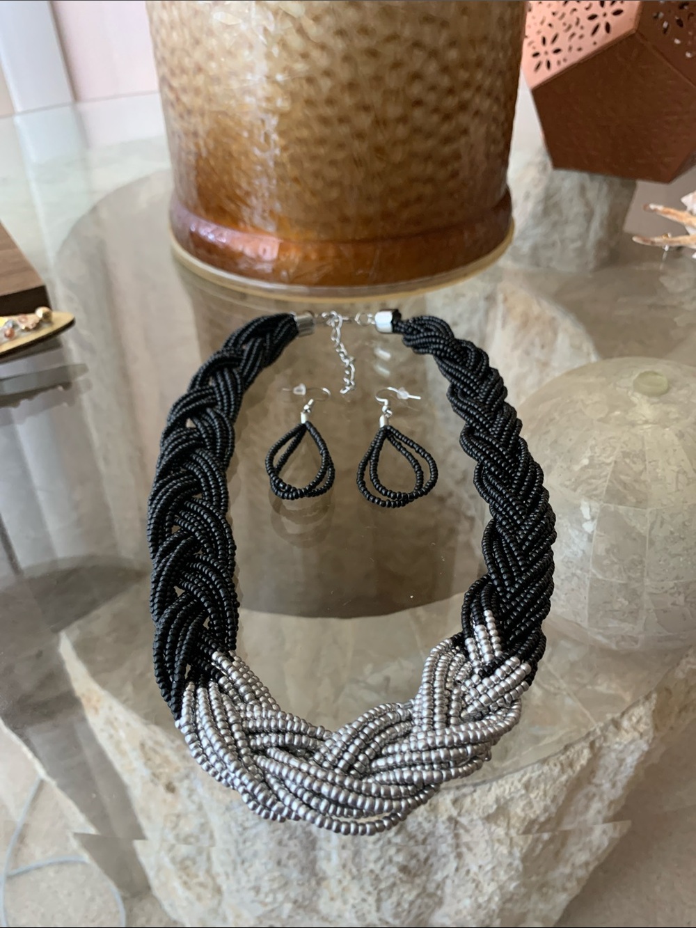 Braided Black and Silver Beaded Necklace with Matching Earrings